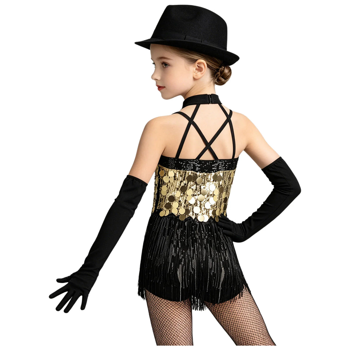 Kids Girls Latin Dance Dress Halter Sleeveless Shiny Sequins Fringed Leotard with Gloves Tango Samba Salsa Ballroom Dancewear