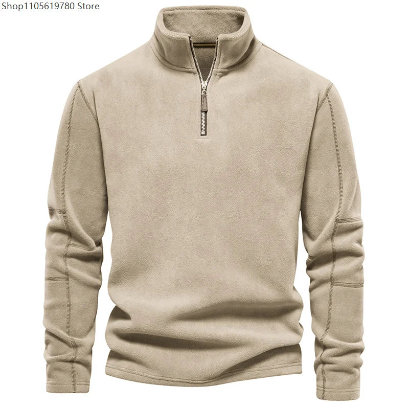 Men Autumn Winter Sweaters Standing Collar Semi-zipper Long Sleeve Sweatshirt  Polar Fleece Jacket Pullover Tops