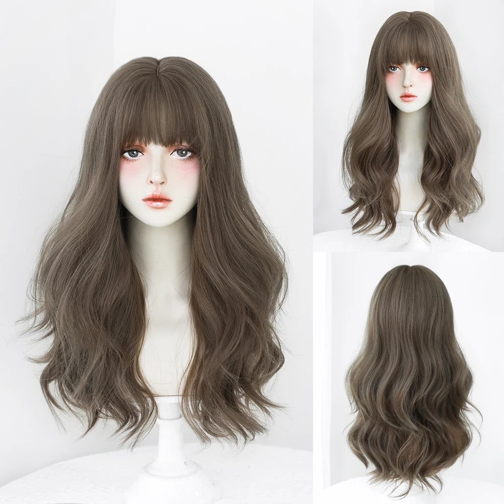 Long Curly Hair Women Wig with Bangs Daily Brown Black Pink Lolita Cosplay Braided Wigs Heat Resistant Fiber Party Fake Hair