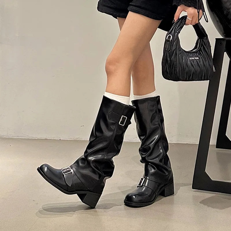2025Woman Boots Knee High Platform Chunky Heels Trend Punk Gothic New Rock Leather Fashion Women's Shoes Motorcycle Footwear