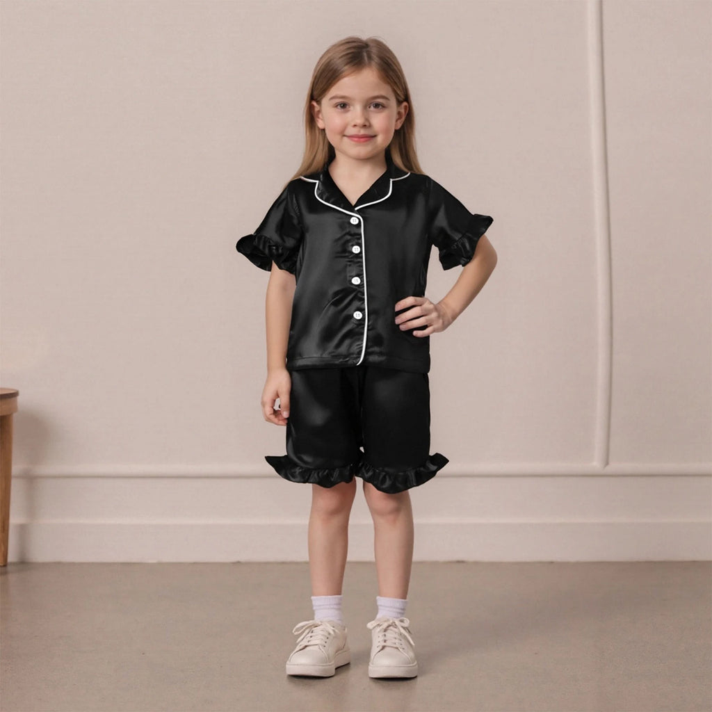 Toddler Girls Pajamas Sets Fashionable Ruffled Lapel V Neck Short Sleeve Tops with Solid Color Shorts 2Pcs Sleepwear