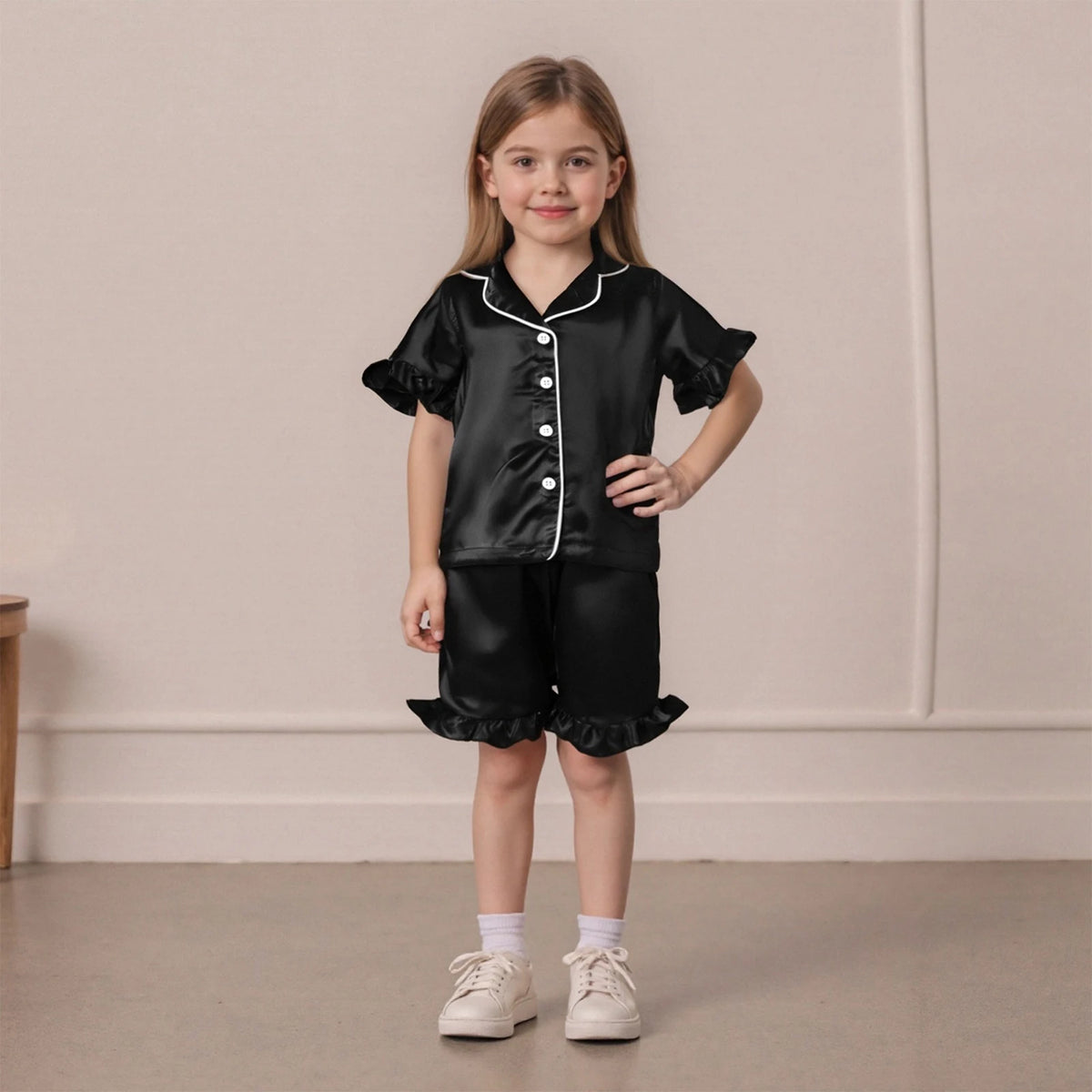 Toddler Girls Pajamas Sets Fashionable Ruffled Lapel V Neck Short Sleeve Tops with Solid Color Shorts 2Pcs Sleepwear