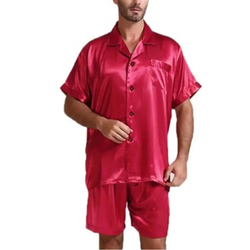 Men's Loose Smooth Skin-friendly Short-sleeved Pajamas Set Solid Color Leisure Home Wear Buttoned Shirts and Shorts 2-piece Suit