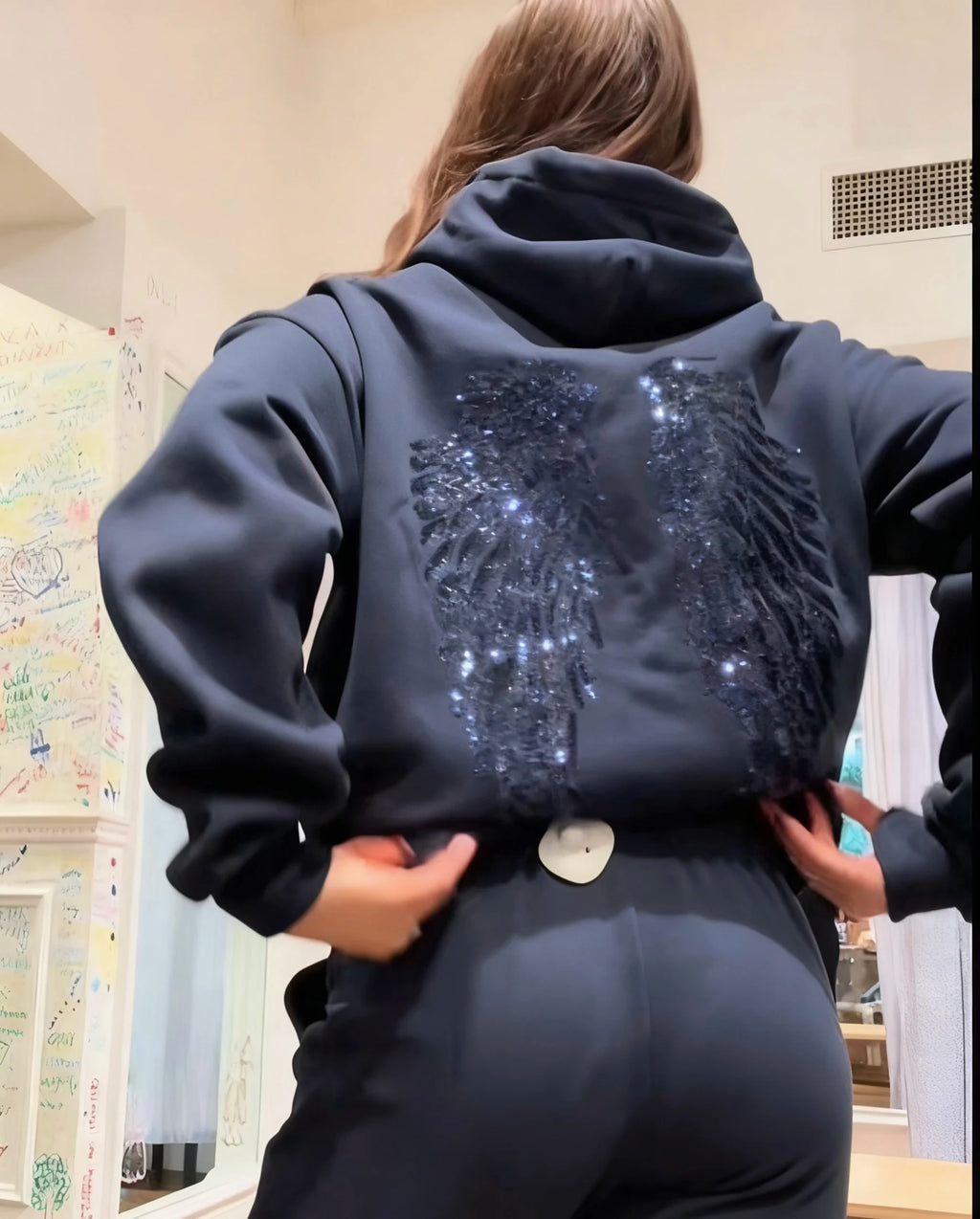 Women's Y2k Trendy Elegant Casual Pullover Autumn Easy Match Sequin Wing Print Hoodie Tops Lady Loose Commuter Office Clothes