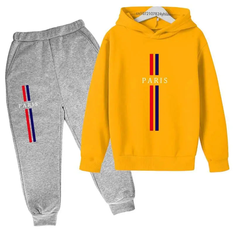 Kids Autumn Spring Casual Paris Print 2pcs Hoodie+Pants Tracksuits 2-13Years Boys Girls Fashion Streetwear Children Clothes Sets
