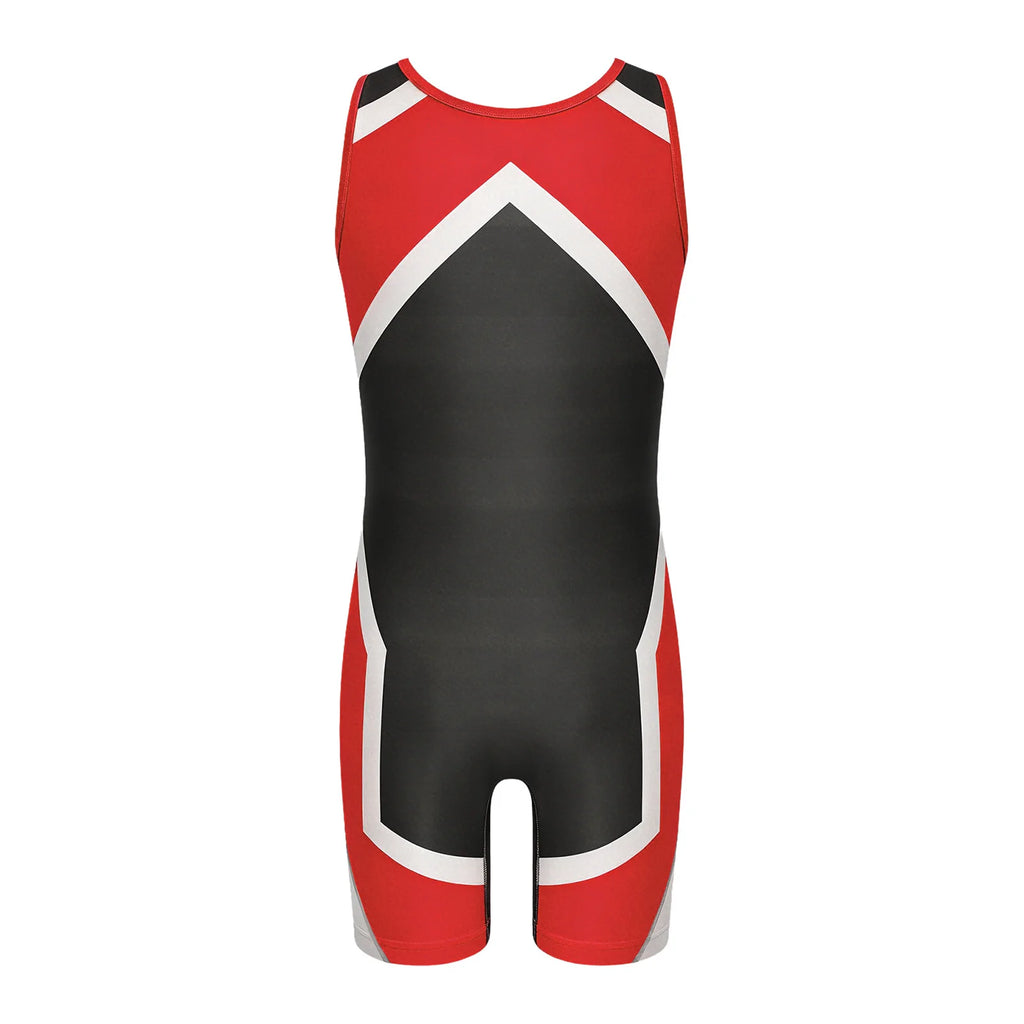 Kids Boys Exercise Wrestling Singlet Color Block Jumpsuit Sleeveless Quick-dry Thigh Length Bodysuit Sports Workout Cycling Set