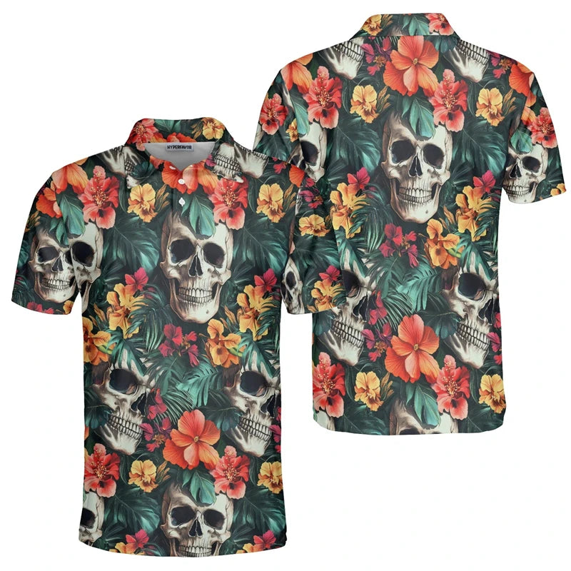 3D Print Skull Fashion Men's Polo Shirt Fashion Trendy Skull Flower Streetwear Unisex Short Sleeve Golf Sport Shirt Button Tops