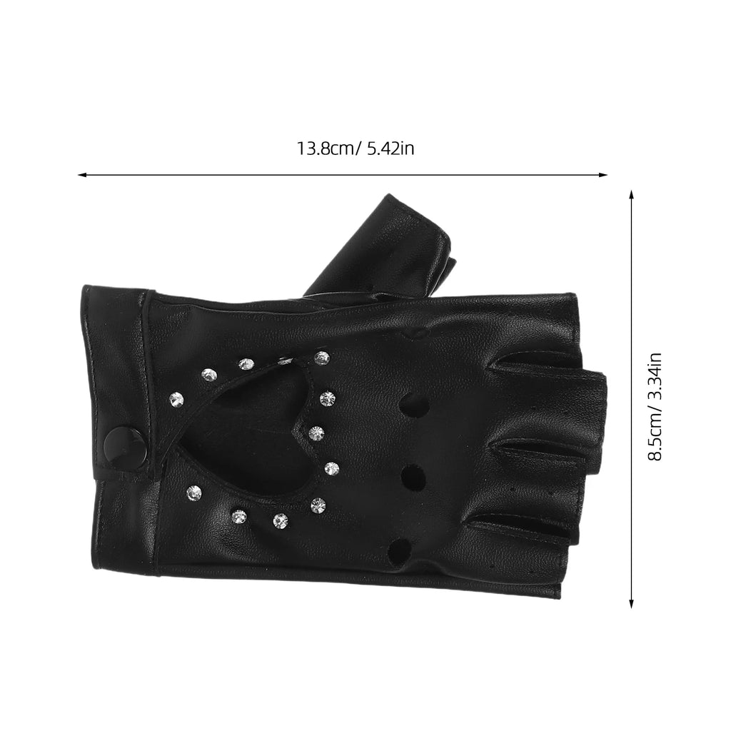 Children Dance Gloves: Kids Fingerless Black Gloves Heart Cutout Sparkly Design Pu Costume For Halloween Party Performance