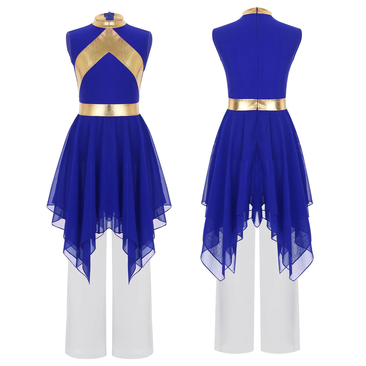 Kids Girls Liturgical Dance Outfits Sleeveless Asymmetrical Hem Contrast Color Dress Sequin Bodice Tunic with Wide-Leg Pants Set