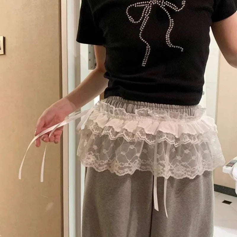Spring Summer Lace-up Lace Side Half-body Skirt Short Fart Curtain Apron Girls Sweet Jeans Casual Pants Accessories Skirt