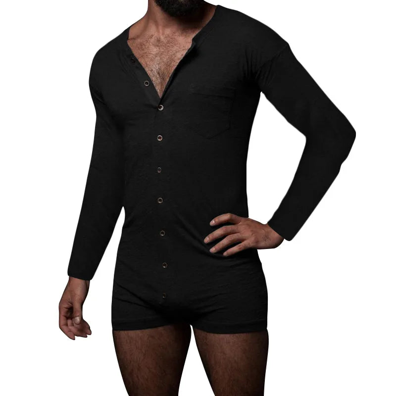 Men Pajamas Rompers Solid Color O Neck Long Sleeve Button Jumpsuits Homewear 2025 Breathable Men Thin