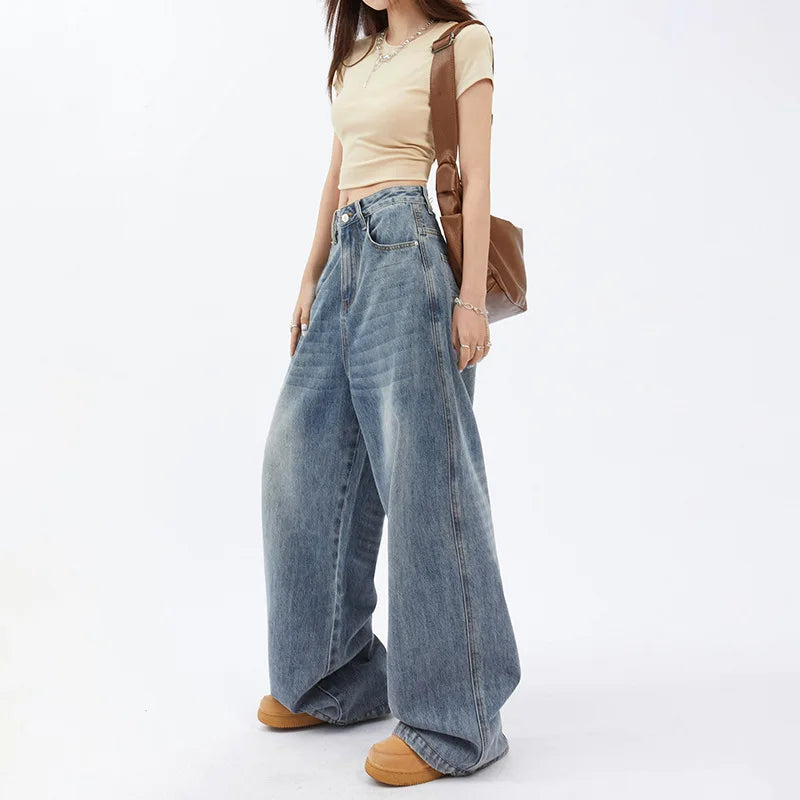 American Retro High Waist Wide Leg Draping Denim Jeans Women's Personality Straight Tube Long Pants 2025 New Style Casual Jeans