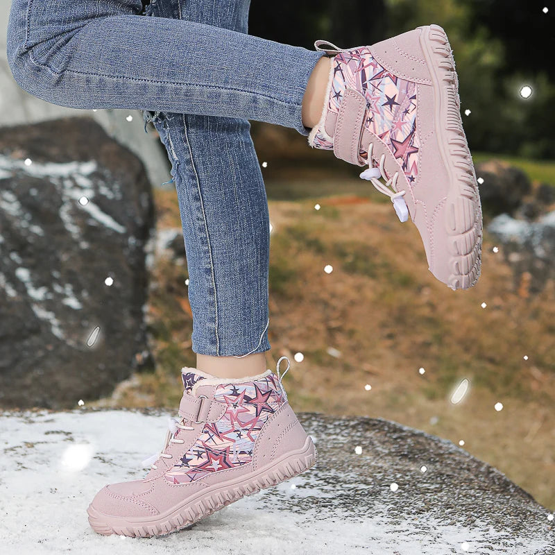 New Waterproof Kids Barefoot Snow Boots Wide Toe Winter Warm Fur Lined Shoes for Boys Girls Cold Weather Outdoor Snea