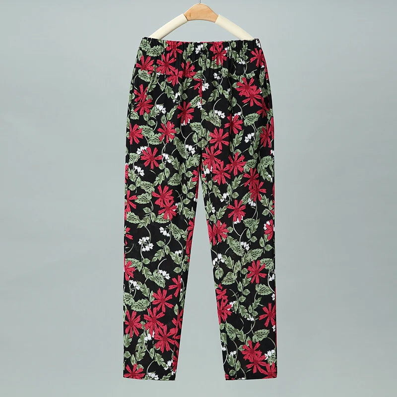 Summer Thin Nine Points Ice Silk Loose Straight Leg Pants High Waist Floral Design for Mom And andma Comfortable Casual Tro...