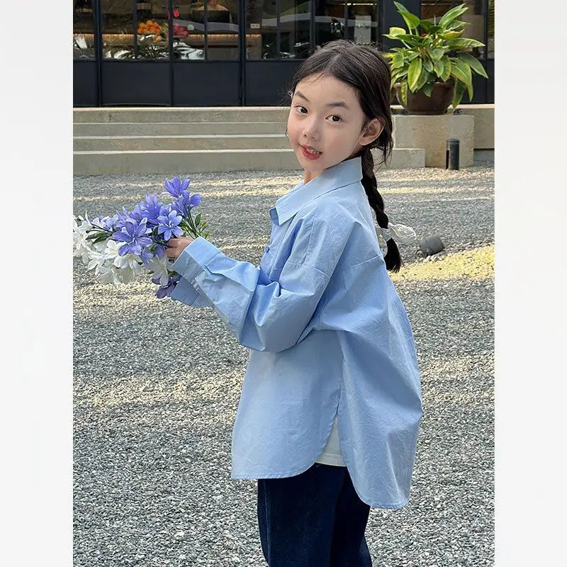 Girls Shirts Kids Clothes Korean 2024 New Fashion Spring Versatile Loose Casual Thin Solid Blouses Turn-down Collar Button