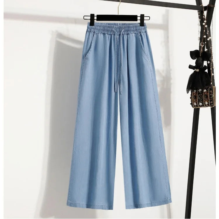 Women's Summer Slim Straight Leg Jeans Wide Leg Ice Silk Casual High Waist Trousers Cotton Polyester Blend No Ironing Needed