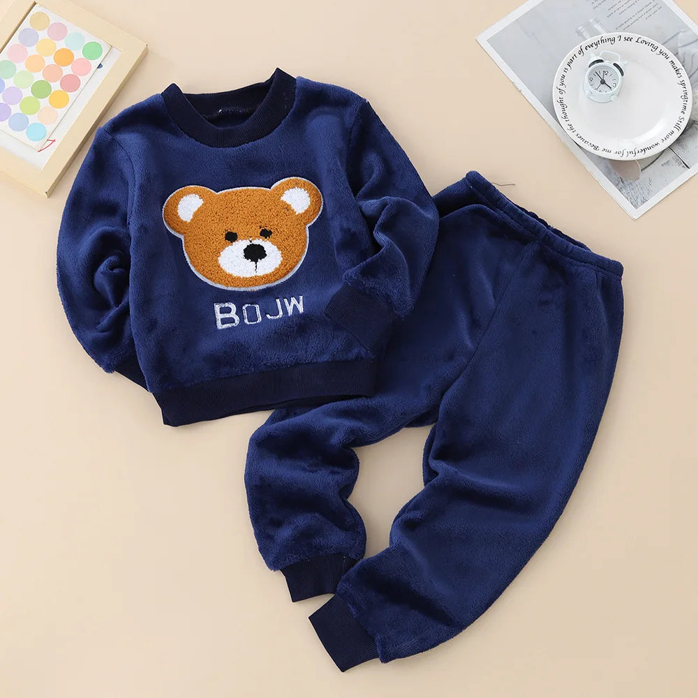 2026 Kids Flannel Pajamas 2Pcs/Sets Thickened Warm Print Baby Homewear Soft Coral Fleece Boys Girls Sleepwear Winter Loungewear