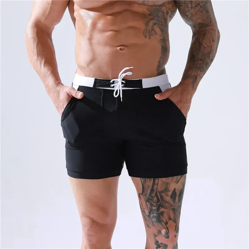 Sexy Men's Swimwear Shorts Summer Quick Dry Swimming Trunks Surf Board Shorts Boxer Briefs Tethered Swimsuit Beachwear  New