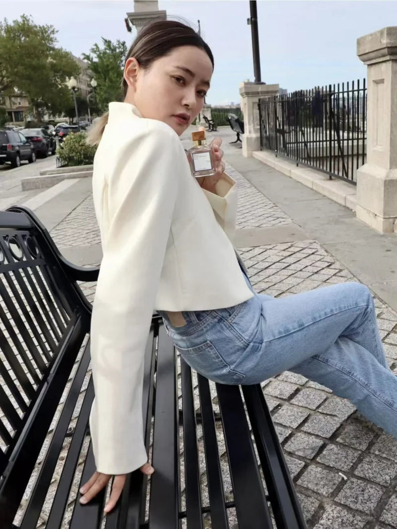 ETJ 2025 autumn winter new professional women's simple fashion white short commuting zhongshan collar suit jacket