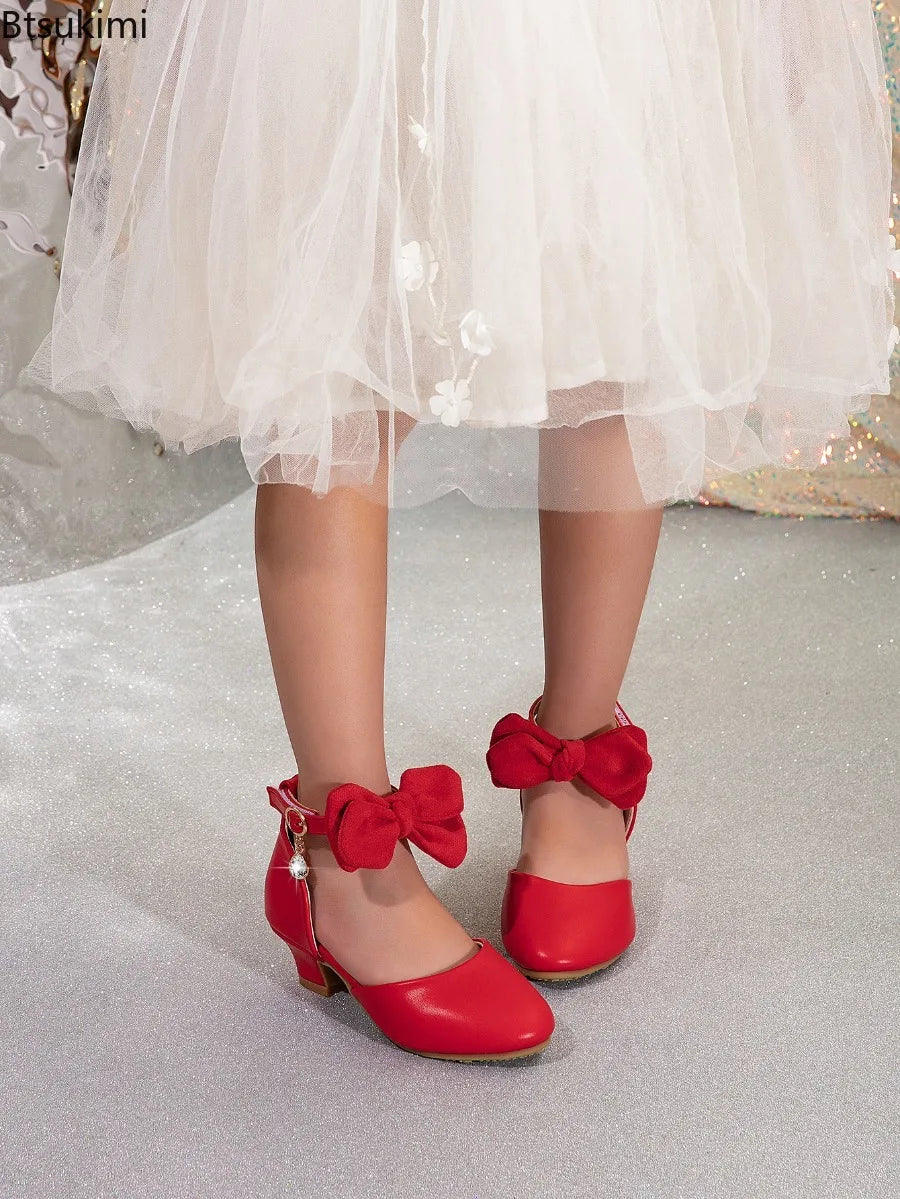 Children Girls High Heel Shoes Kids Sandals Lolita Mary Janes Shoes Sweet Bowknot Princess Party Dress Wedding Shoes Size 28-40
