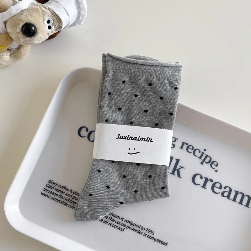 Women's spring summer thin vintage cream curled-edge women's socks polka dot mid-tube socks artistic socks women