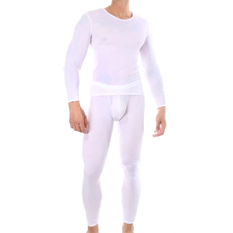 Men's Sexy Transparent Underwear Arrangement Sheer Ultra-Thin Seamless Warm Long Johns Ice Silk Comfortable Long Pajama Set