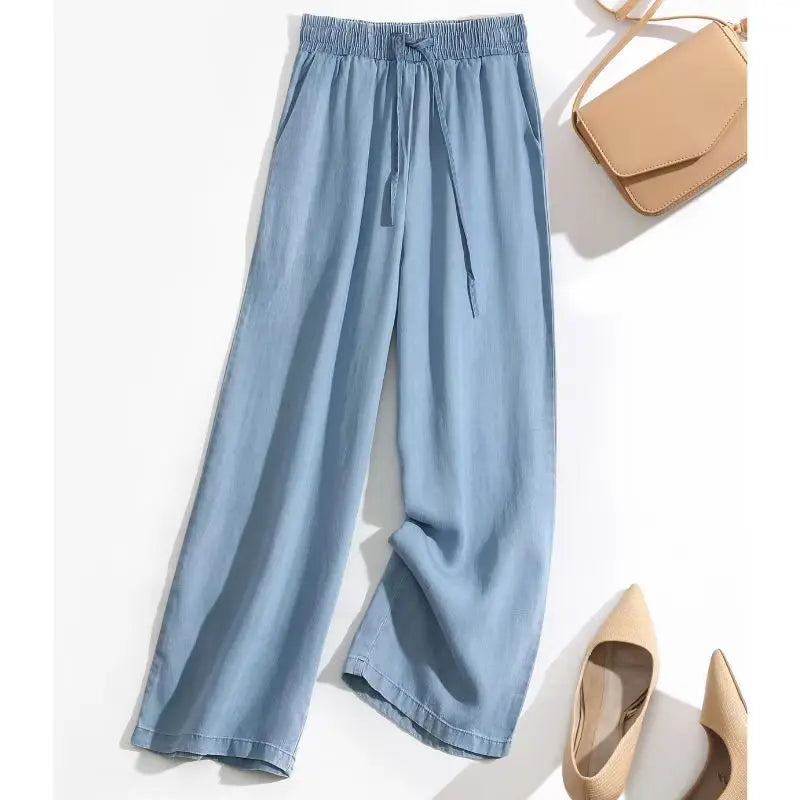Summer High Waist  Ice Silk Elastic Straight Leg Jeans Loose Wide Leg Nine Pants Women's plus Size Loose Fit Trousers
