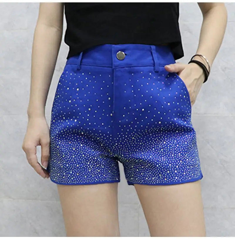 Women's High Waist iny Sequin Denim orts Summer New Sle Korean Version Slimming Elastic Wide Leg A-Line Hot Pants