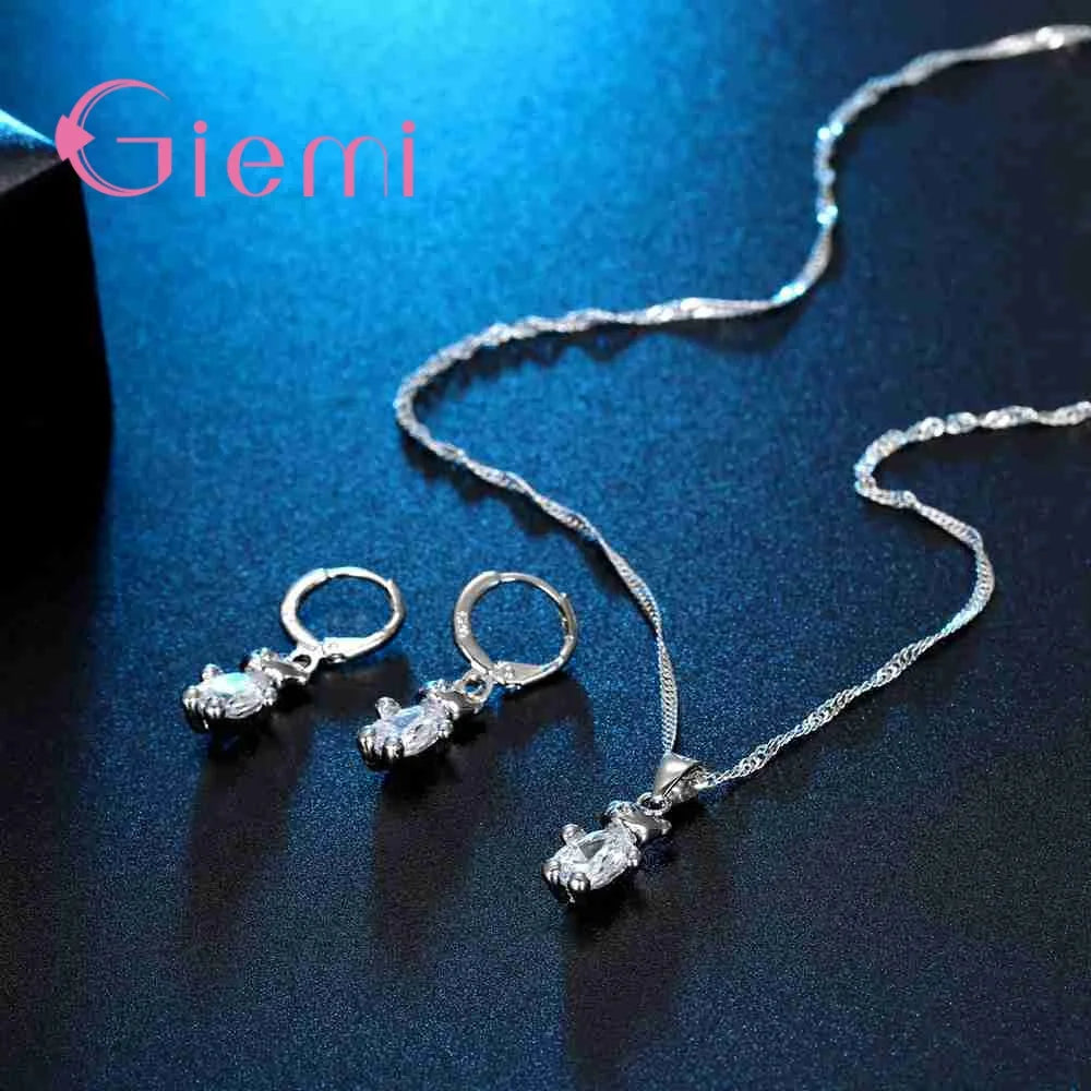 Brand Shiny Jewelry Sets for Women 925 Sterling Silver Lovely Bear Pendant Best Wedding Necklace Earrings Accessories Hot