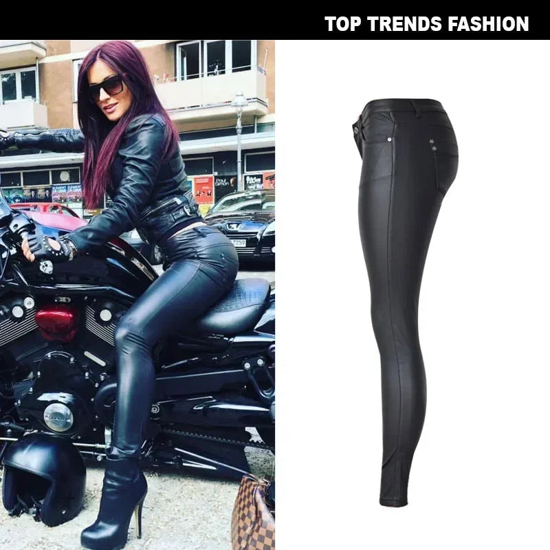 Women's Leather Pant Low Rise Stretch Coated PU Faux Leather Trousers for Women