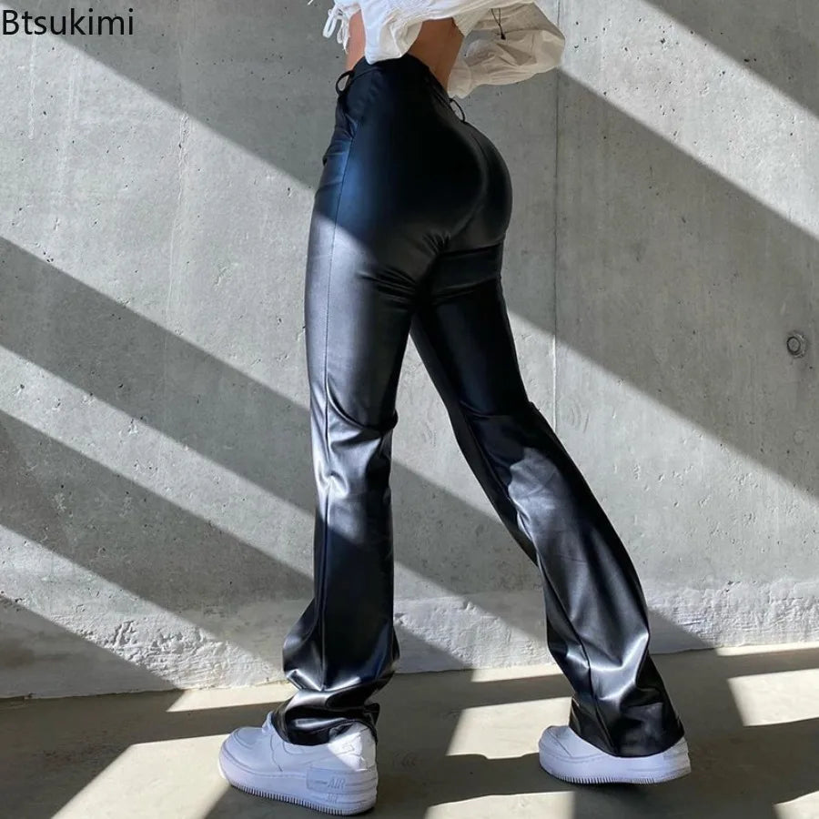 Women's Leather Pants New Fashion Sexy PU Flared Pants Y2k Clothes Female Button High Waisted Night Club Outfits Casual Trousers