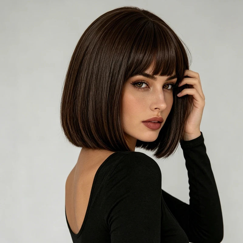 Women's everyday synthetic wig, 12 inches, dark brown, with smooth and neat bangs, casual style, suitable for weekend outings.