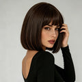 Women's everyday synthetic wig, 12 inches, dark brown, with smooth and neat bangs, casual style, suitable for weekend outings.
