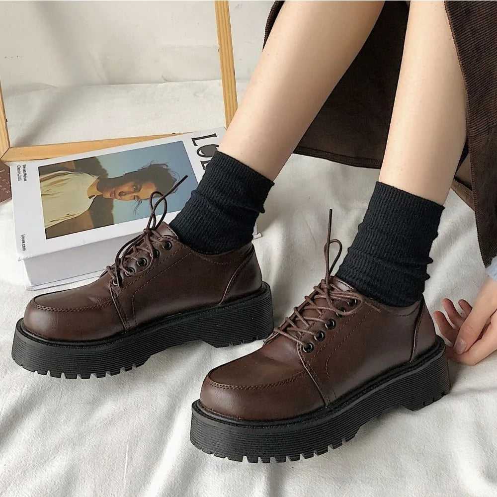 Loafers Women's Spring and Autumn Platform Lace-up High-heeled Single Shoes New Uniform Small Leather Shoes Women Pumps