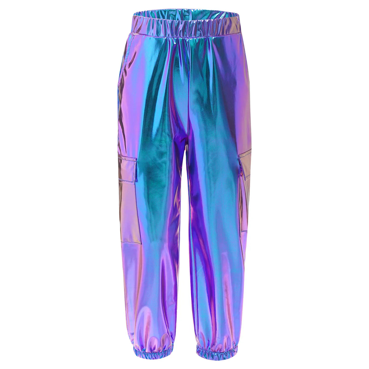 Kids Boys Girls Metallic Shiny Cargo Pants Fashion Children Holographic Trousers Teens Hip-Hop Pants Street Jazz Dance Costume