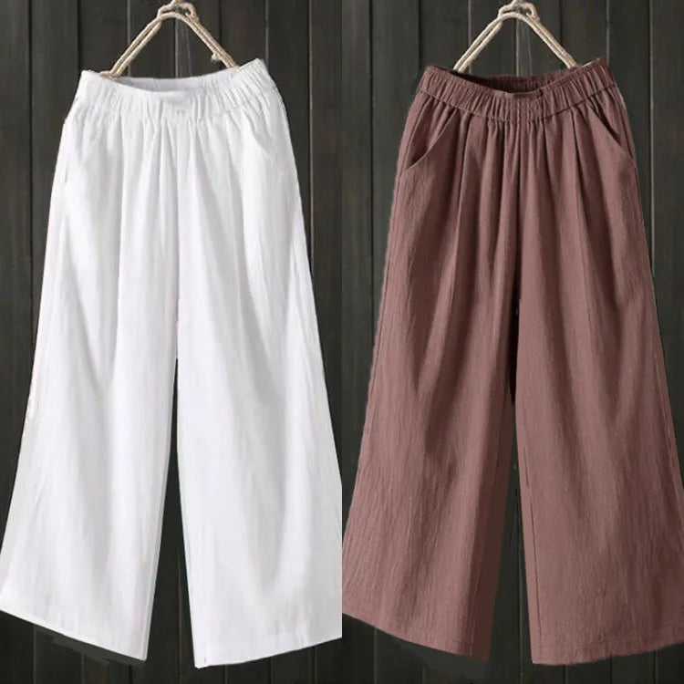 Pure Cotton Wide Leg Pants Women's Summer Loose Mom Large Size Cotton Nine Points Casual Pants High Waist Straight Cut Trousers