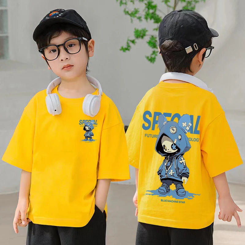 Korean Children's Clothes 2025 Boys Hip Hop Cartoon Graphic T Shirts Girls Short Sleeve Cotton Children Top Baby Summer Clothes