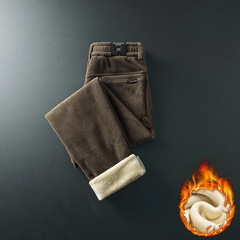 Winter Fleece Warm Corduroy Fabric Men's Casual Pants Outdoors Business Thick Flocking Plush Black Grey Brown Trousers Male