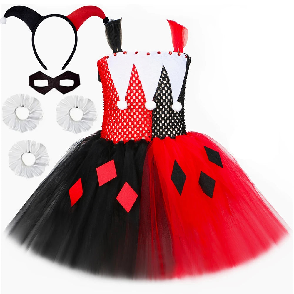 Kids Clown Costume for Girls Red & Black Joker Tulle Tutu Dress Outfits Toddler Girls Halloween Carnival Party Dress Up Clothes