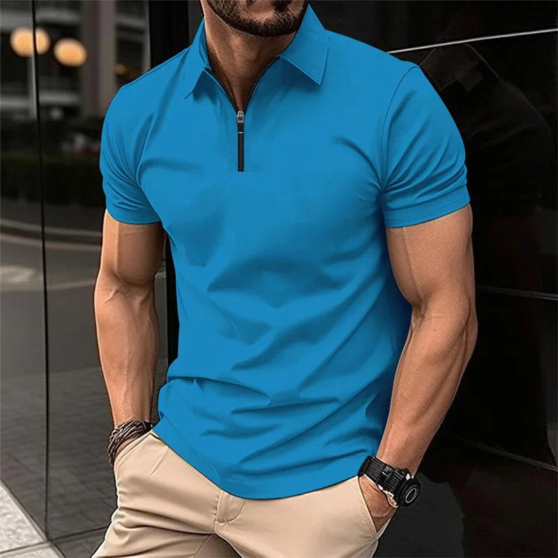 Men's stylish half-zip collar polo shirt, black slim fit short-sleeved top, business casual and versatile, available in 8 colors