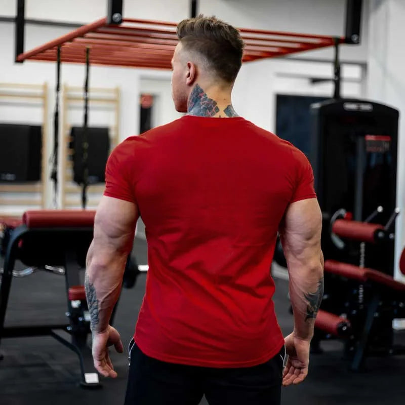 Men's Gym Fitness Clothing Man Cotton Sports Short Sleeve T-shirt Running Training Slim Printed Shirt Sweatshirt Casual Tops