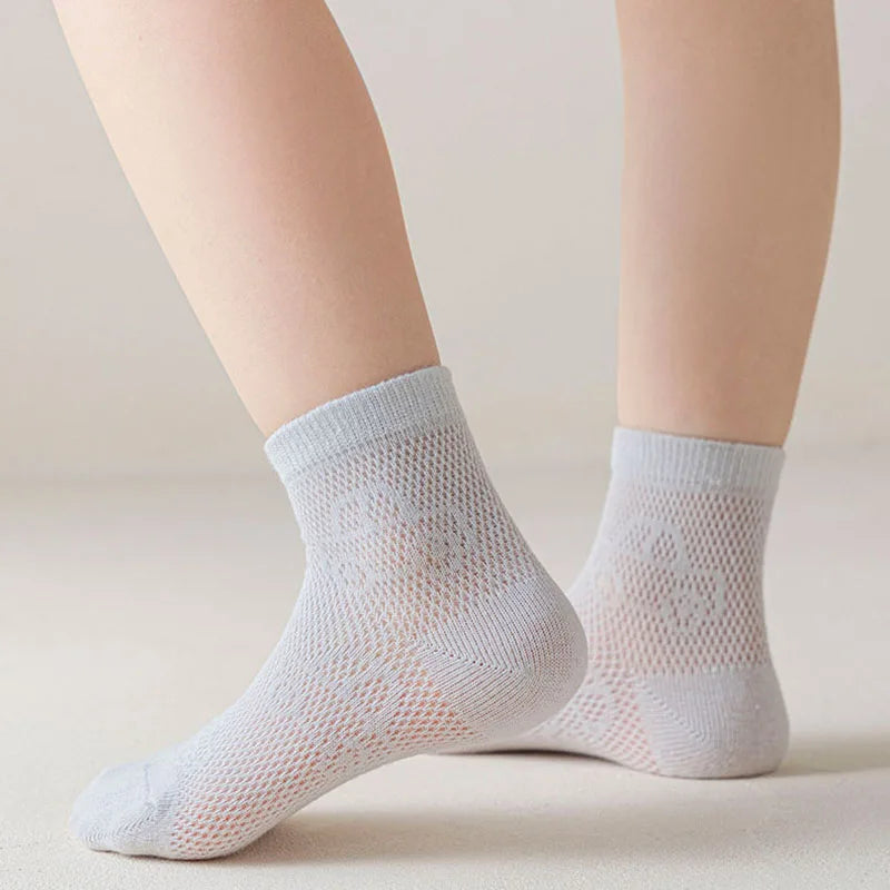 5 Pairs/Lot Kids Summer Socks Solid Color Thin Breathable Mesh Cotton Socks Cartoon Car Children Boys Casual Mid Tube Sock