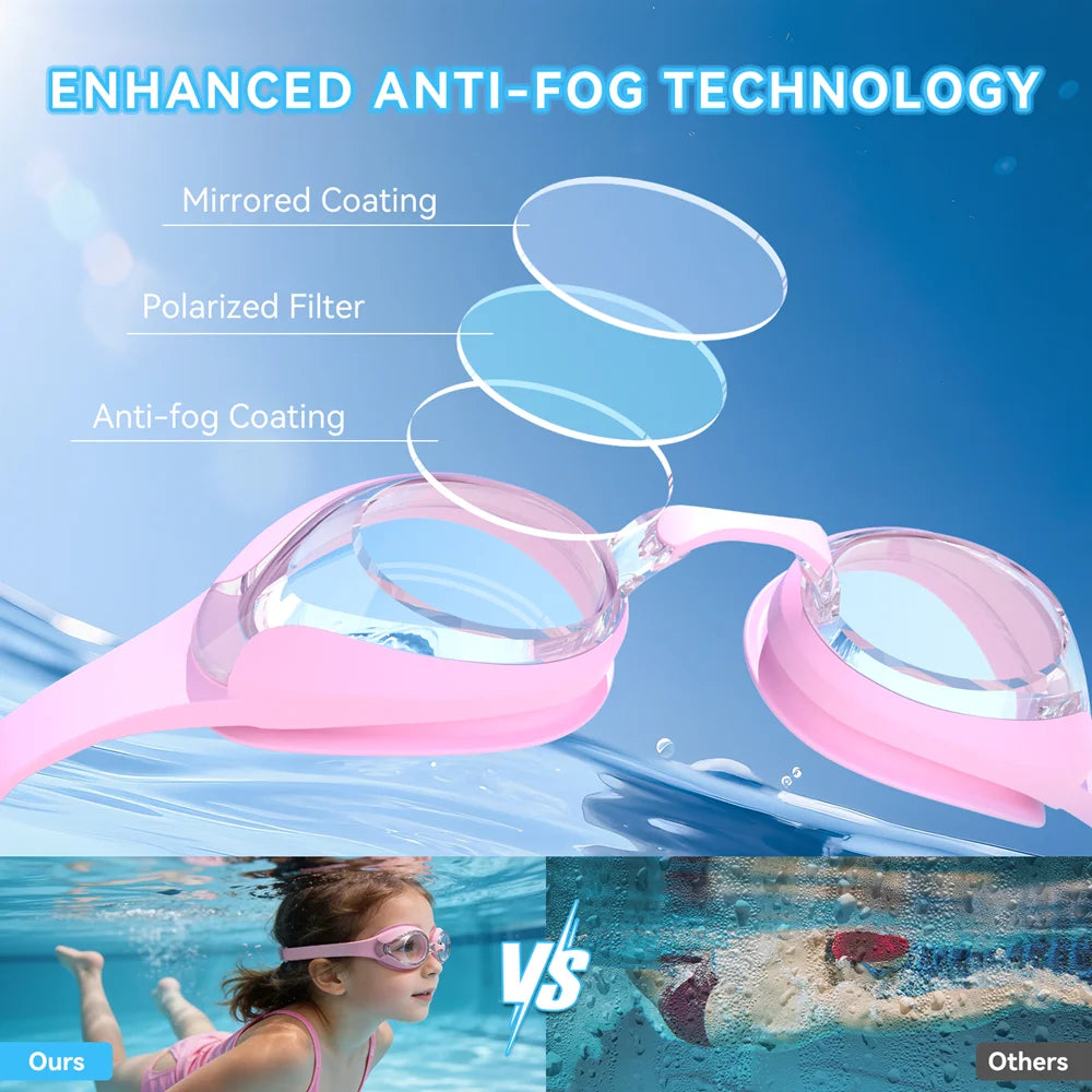 Kids Swim Goggles Swimming Eyewear Glasses Quick Adjustable Strap Anti-fog&Leak Replaceable Nose Bridge Girls Boys With Age 3-14