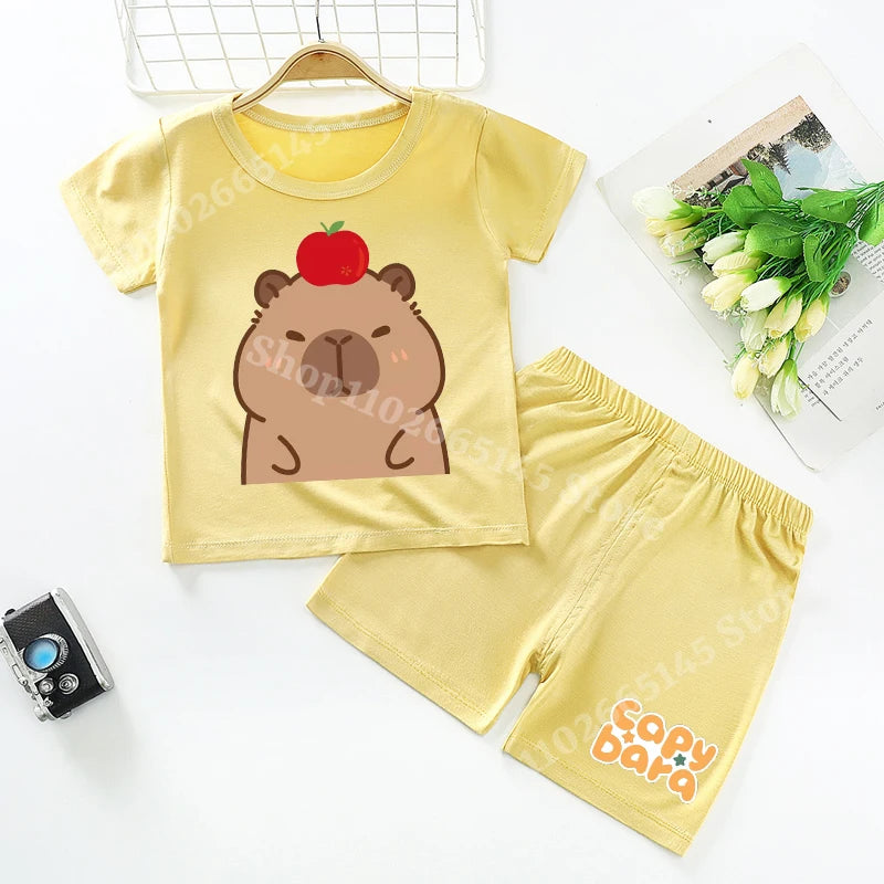 Capybara Kids Pajamas Shorts Set Summer New Capibara Home Clothes Boys Girls Anime Nightwear Pants Children Short Sleeve Gift