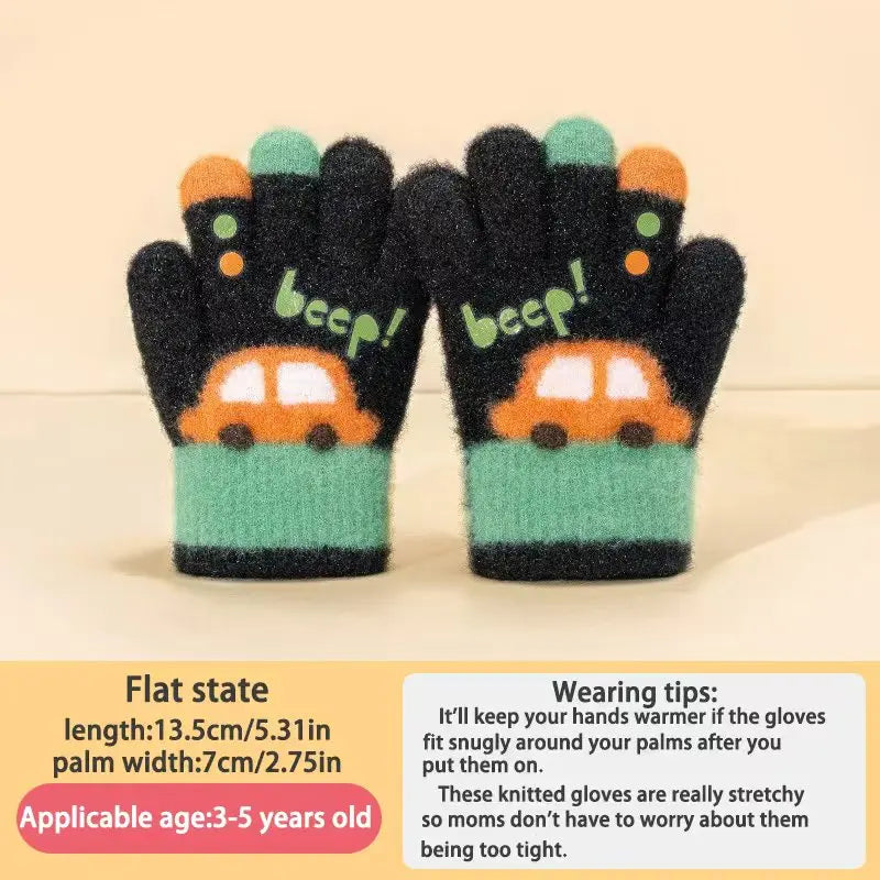 Kids Winter Gloves 3-7 Years Old Thick Warm Knitted Cartoon Car Design Five Finger Cold Proof for Boys Girls Kindergarten