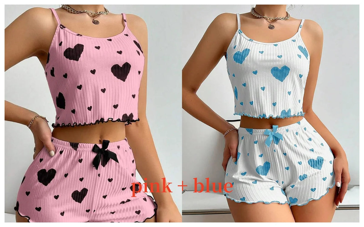Teen girl Pajamas Set Sleepwear 2 PCS Short Tank Tops And Shorts S M L White Ventilate Soft Casual Love Printing