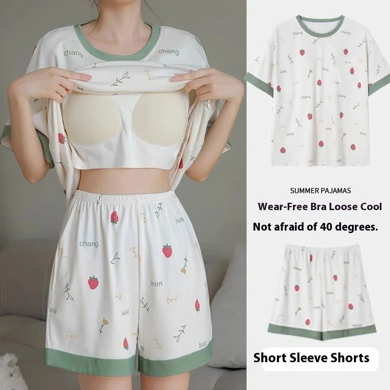 Pajamas Female Summer Short-Sleeved Set of Sweet with Chest Cushion Korean Version of the Cartoon Students Homewear Sleepwear