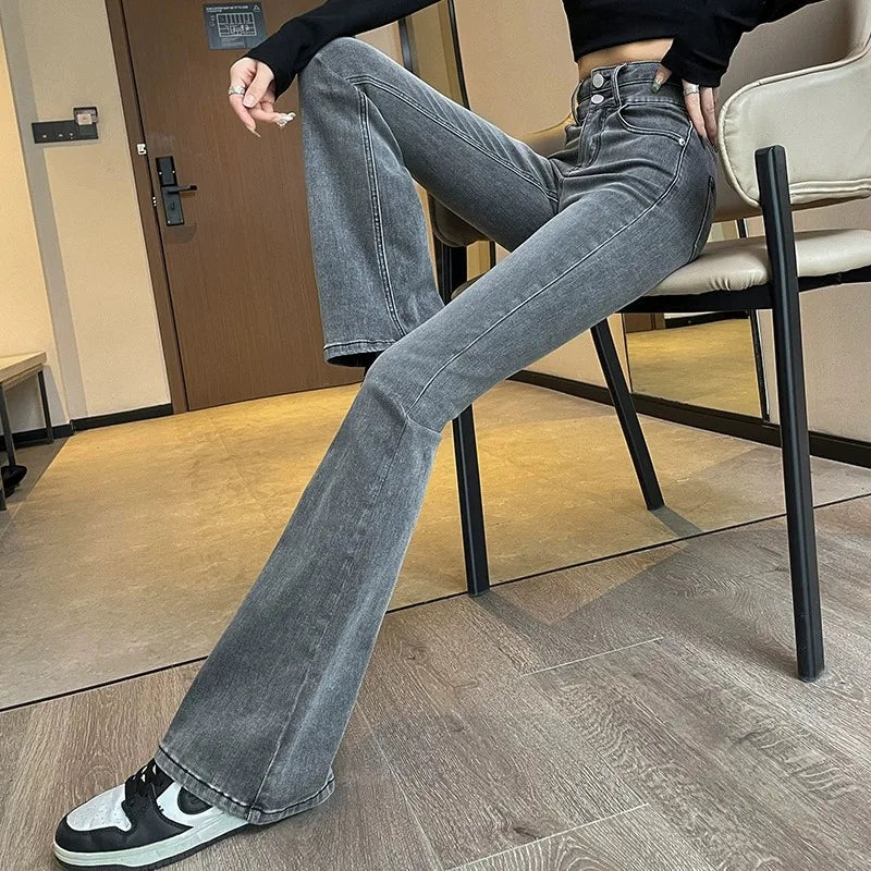 High Waist Slim Fit Flare Jeans Women's Spring Summer 2024 New Sle Double Bule e ey Cotton Stretch Denim Pants
