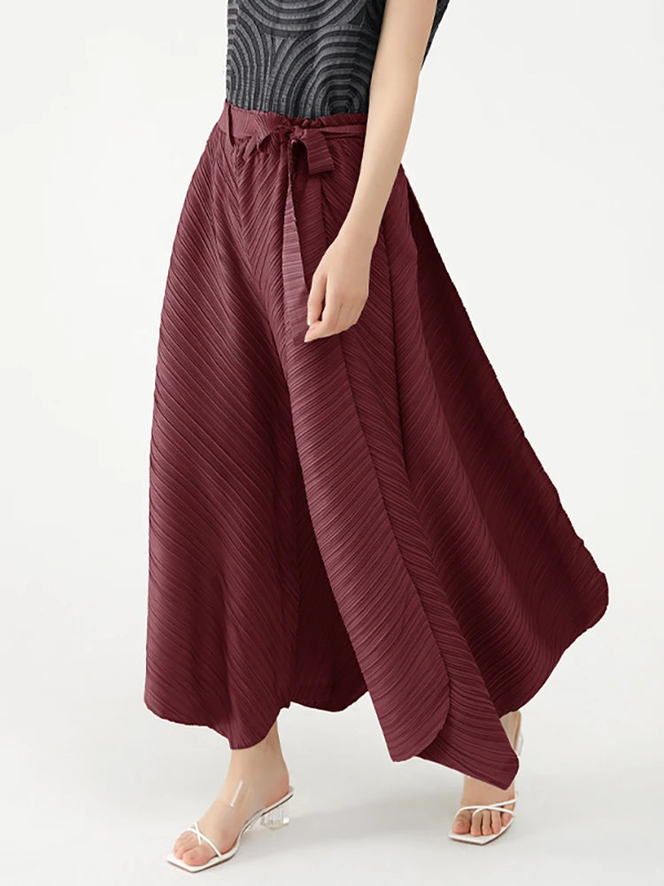 Miyake Pleated Wide Leg Loose Pants Stitching Casual Big Trousers Women Summer Dubai Designer Fashion Belt Aesthetic Clothes