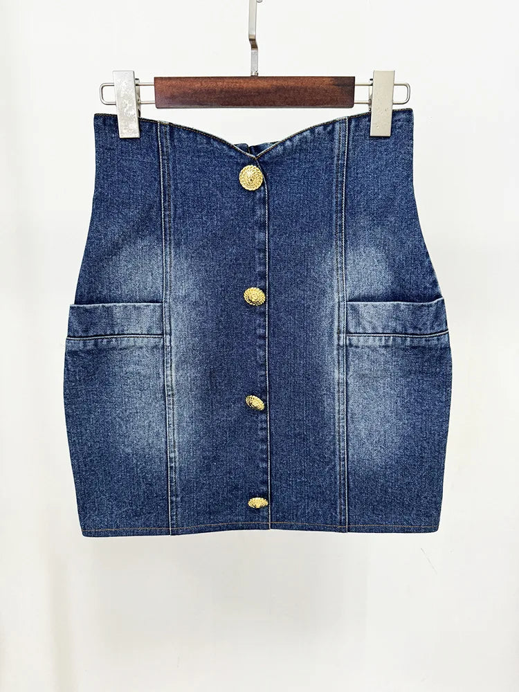 HIGH STREET Newest 2026 Designer Runway Blazer Women's Slim Fitting Double Breasted Lion Buttons Denim Jacket Mini Skirt